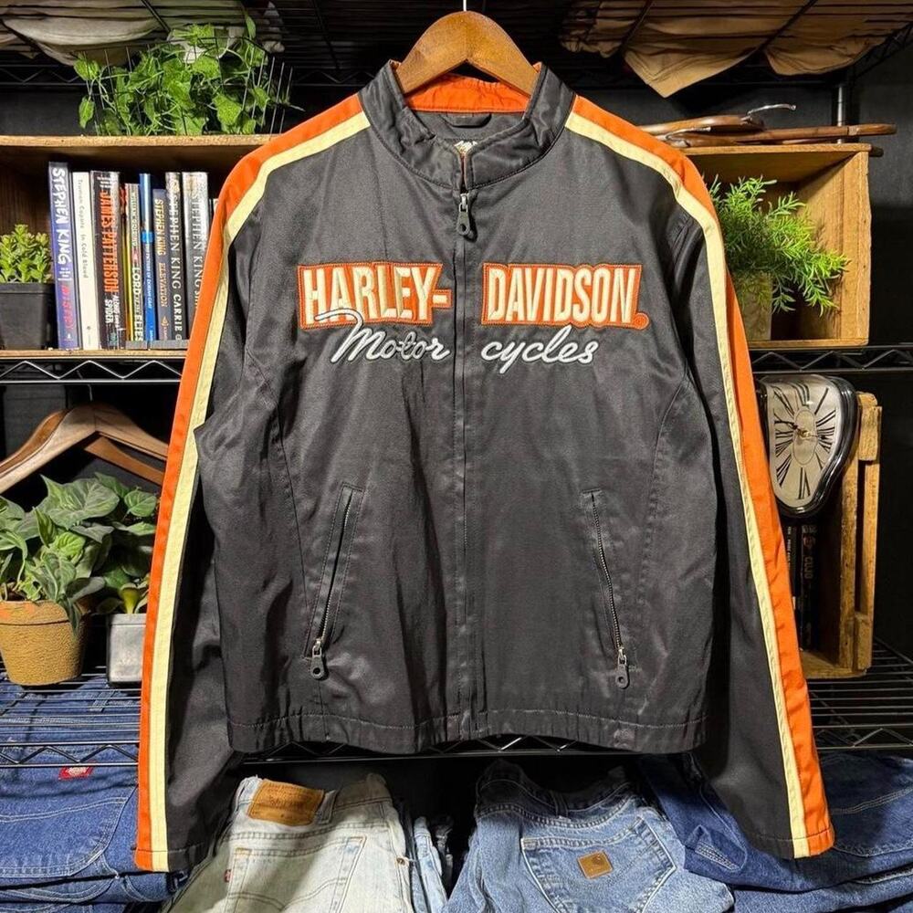 Harley Davidson Motorcycles Leather Riding Jacket Black Orange Striped Full Zip
